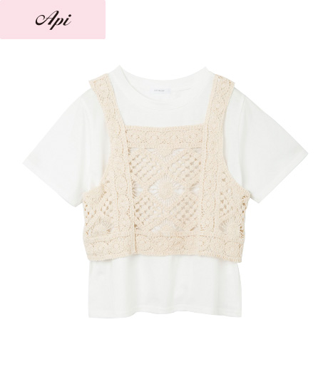 【Ａｐｉ】【トレンドスタイル】レディースクロシェ+Tシャツセットカラー：アイボリーライトグリーンサイズ：M・L商品番号：41-102-025-01～04