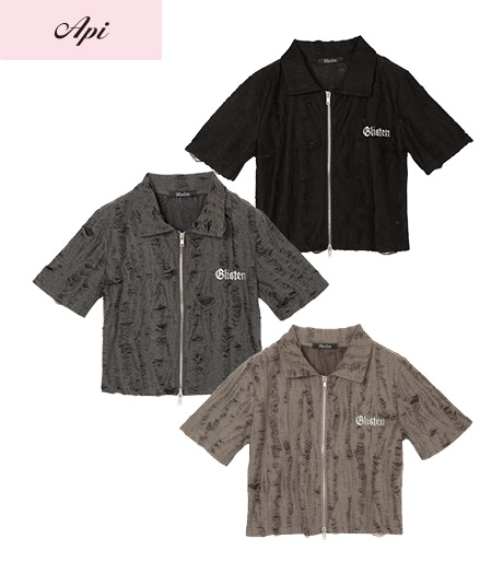 ~今イチバン“っぽい”ダメージ風素材のアイテム~【Api】【トレンドスタイル】レディースダブルジップTシャツカラー:チャコールブラックダークブラウンサイズ:M・L商品番号:41-101-280-81~