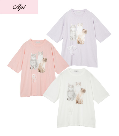 ～ネコちゃんの写真プリントとレースのリボンが可愛すぎる～【Ａｐｉ】【トレンドスタイル】レディースレースリボン使いＴシャツカラー：オフピンクラベンダーサイズ：M・L商品番号：41-101-281-41～