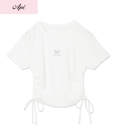 ～蝶のワンポイントはＹ２Ｋのマストアイテム～【Ａｐｉ】【トレンドスタイル】レディースリボンドローＴシャツカラー：オフブラックサイズ：M・L商品番号：41-101-329-01～