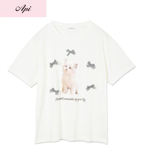 ～ギンガムのリボンがたまらなくかわいい！～【Ａｐｉ】【トレンドスタイル】レディースリボン使いＴシャツカラー：ホワイトピンクサイズ：M・L商品番号：41-101-329-21～