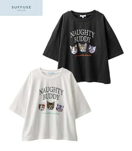 ～ネコ柄のプリントがかわいいＴシャツです～【ＳＵＦＦＵＳＥ＋】【今風カジュアル】レディースデザインＴシャツ商品番号：42-101-197-01～