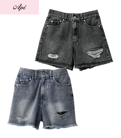 ～ダメージ加工でより夏らしく！なショートパンツ～【Ａｐｉ】【トレンドスタイル】レディースデニムショートパンツカラー：チャコールブルーグレーサイズ：M・L商品番号：41-107-422-61～