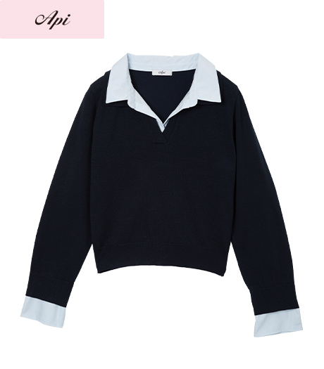 ~インナー風のシャツの配色がポイント~【Api】【トレンドスタイル】レディース襟付きニットプルオーバーカラー:ネービーグレーレッドサイズ:M・L商品番号:41-102-143-01~