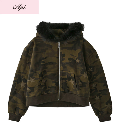 ~迷彩柄とフードについたフェイクファーがギャル度満点!~【Api】【トレンドスタイル】レディース迷彩柄ジップパーカーカラー:カーキサイズ:M・L商品番号:41-101-385-41~