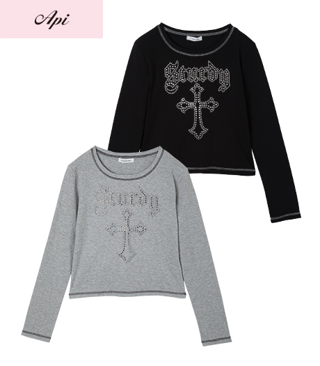 ~スタッズ使いがY2Kムードのあるカットソー~【Api】【トレンドスタイル】レディースクロスモチーフTシャツカラー:ブラックグレーサイズ:M・L商品番号:41-101-385-01~