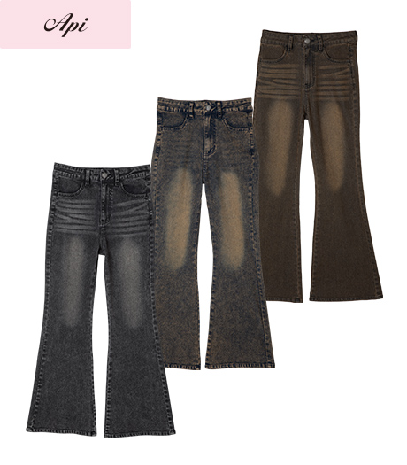 ~オーバーダイなどの加工感が可愛い~【Api】【トレンドスタイル】レディースデニムフレアパンツカラー:ブラウンブラックブルーサイズ:M・L商品番号:41-107-452-01~