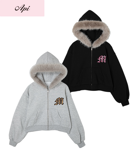 ~胸元のファー貼り付けのロゴがポイントのジップパーカ~【Api】【トレンドスタイル】レディースジップパーカカラー:ブラックグレーサイズ:M・L商品番号:41-101-384-61~