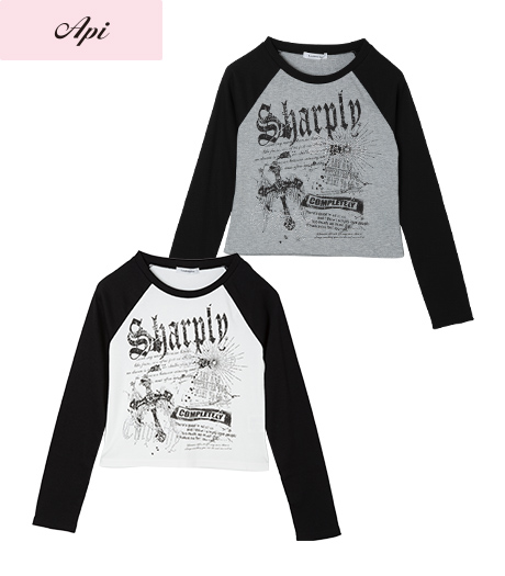 ~ラグラン袖とかすれプリントが平成感のあるTシャツ~【Api】【トレンドスタイル】レディースラグランTシャツカラー:ブラックグレーサイズ:M・L商品番号:41-101-385-21~