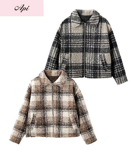 ～冬らしいチェック柄でガーリーコーデを演出～【Ａｐｉ】【トレンドスタイル】レディースチェック柄ジップブルゾンカラー：モカ・ブラックサイズ：M・L商品番号：41-106-058-01～04