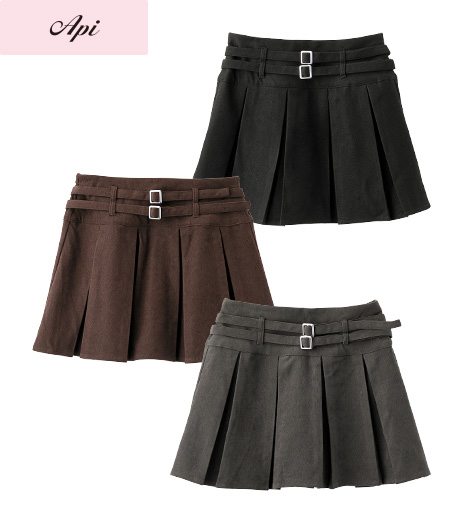 ～ウエストデザインでこなれた印象に～【Ａｐｉ】【トレンドスタイル】レディースプリーツショートスカートカラー：チャコールグレー・ブラック・ブラウンサイズ：M・L商品番号：41-107-475-01～06