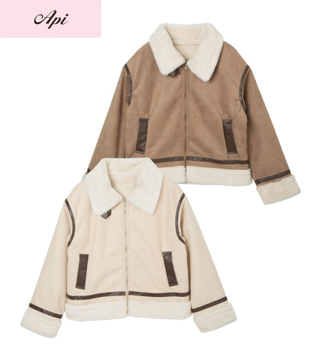 ～首元のボリューム感がトレンド感抜群～【Ａｐｉ】【トレンドスタイル】レディースフェイクムートンジャケットカラー：アイボリー・ベージュサイズ：M・L商品番号：41-106-059-01～04