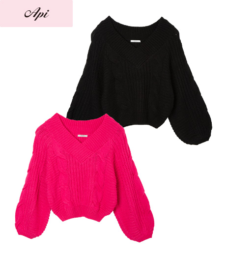 ～ケーブル編みでかわいらしく、Ｖネックですっきり魅せる～【Ａｐｉ】【トレンドスタイル】レディースケーブル編みニットカラー：ホワイト・ブラック・ピンクサイズ：フリーサイズ商品番号：41-102-158-01～03