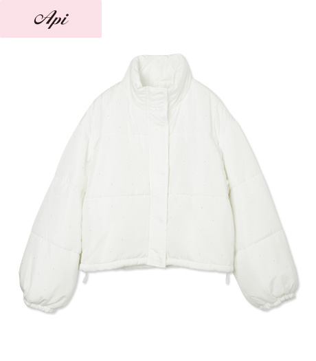 ～全体に散りばめられたラインストーンで華やかに～【Ａｐｉ】【トレンドスタイル】レディースラインストーン中綿ジャケットカラー：ホワイト・ブラックサイズ：M商品番号：41-106-063-01～03