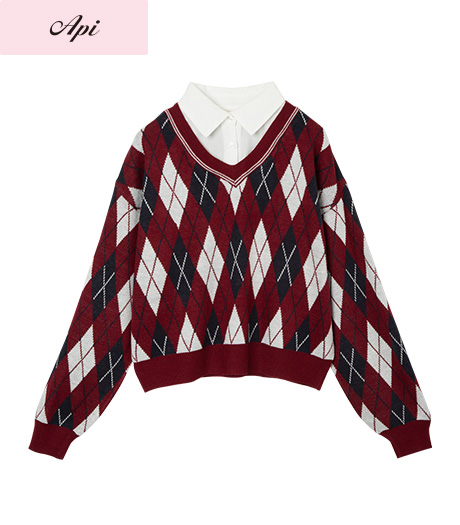 ～フェイク襟付き、これ一枚でトレンドコーデ完成～【Ａｐｉ】【トレンドスタイル】レディースアーガイルニットプルオーバーカラー：レッド・ネイビーサイズ：M・L商品番号：41-102-172-01～04
