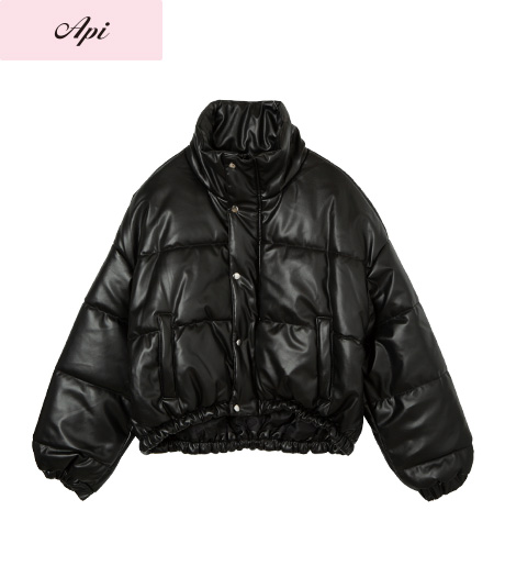 ～ボリューム感のあるシルエットがコーディネイトの主役に～【Ａｐｉ】【トレンドスタイル】レディース合皮中綿スタンドブルゾンカラー：ブラックサイズ：M・L商品番号：41-106-064-01～02