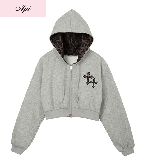 ～フードの内側にちらっと覗くヒョウ柄がかわいい～【Ａｐｉ】【トレンドスタイル】レディースフード柄ジップパーカカラー：グレー・ブラックサイズ：M・L商品番号：41-101-466-01～04