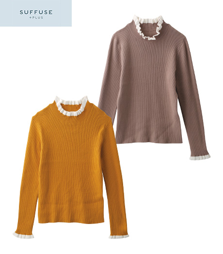 ~衿フリルで配色デザインがかわいい一枚♪~【SUFFUSE+】【今風カジュアル】レディースニットプルオーバー商品番号:42-102-142-21~