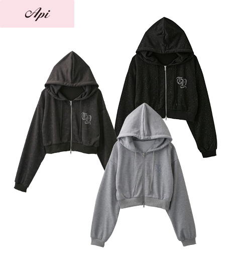 ～キラキラアイテムでコーディネートに華やかさをプラス～【Ａｐｉ】【トレンドスタイル】レディースラインストーンジップパーカ商品番号：41-101-489-01～