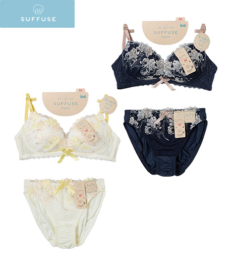 ～締め付け感を軽減したパターンとバストの広がりを防止するサイドパネルで「すっきり」ボディメイク～【ＳＵＦＦＵＳＥ】【今風カジュアル】①（すっきりメイク）（寄せあげパッド入り）レディースノンワイヤーブラジャー②ペアショーツサイズ：M・L商品番号：72-520-051-01～