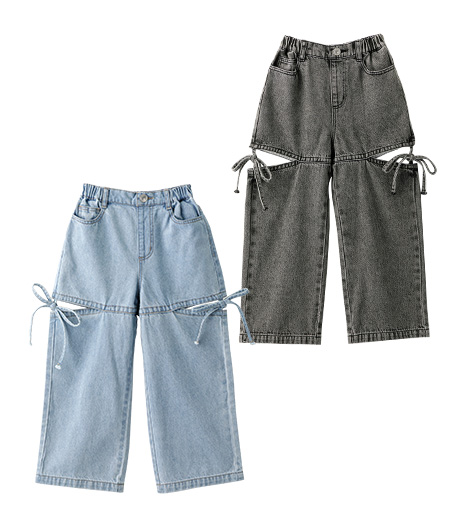 ～サイドのリボンデザインと少しの肌みせがかわいい～ガールズデニムワイドパンツカラー：ライトブルーグレーサイズ：120・130㎝商品番号：62-708-321-41～44