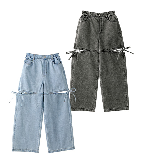 ～サイドのリボンデザインと少しの肌みせがかわいい～ガールズデニムワイドパンツカラー：ライトブルーグレーサイズ：140・150・160㎝商品番号：62-581-321-41～46
