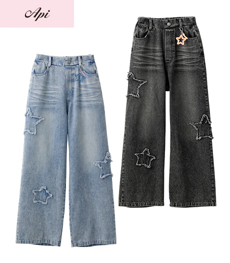 ～雑誌Ｃｕｕｇａｌモデルが着るトレンドコーデ～【Ａｐｉ】【トレンドスタイル】ガールズデニムワイドパンツカラー：ライトブルーブラックサイズ：140・150・160㎝商品番号：62-581-323-21～26