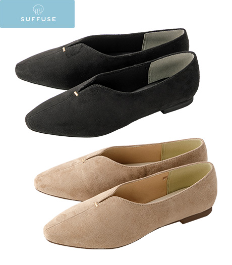~片足重量約130グラム以下の驚きの軽量設計により、足の疲れを軽減。フラットタイプで快適な歩行も叶えます。~【SUFFUSE】【今風カジュアル】(ふわかる)レディーススウェード調フラットパンプスカラー:ブラックピンクベージュサイズ:M・L商品番号:31-515-787-01~