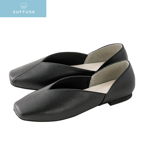 ~片足重量約130グラム以下の驚きの軽量設計により、足の疲れを軽減。フラットタイプで快適な歩行も叶えます。~【SUFFUSE】【今風カジュアル】(ふわかる)レディーススクエアトゥフラットパンプスカラー:ブラックサイズ:M・L・LL商品番号:31-515-787-21~