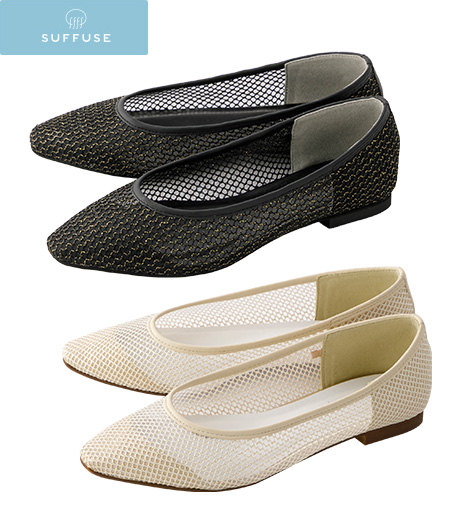 ~片足重量約130グラム以下の驚きの軽量設計により、足の疲れを軽減。シアー素材でトレンド感もアップ♪。~【SUFFUSE】【今風カジュアル】(ふわかる)レディースシアー素材フラットパンプスカラー:ブラックベージュサイズ:M・L商品番号:31-515-791-01~