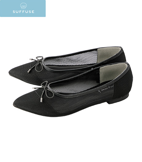 ~片足重量約130グラム以下の驚きの軽量設計により、足の疲れを軽減。シアー素材でトレンド感もアップ♪。~【SUFFUSE】【今風カジュアル】(ふわかる)レディースシアー素材フラットパンプスカラー:ブラックサイズ:M・L・LL商品番号:31-515-791-41~