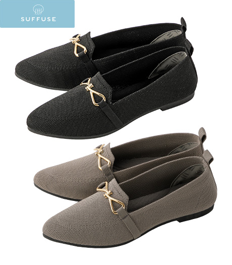 ~シューフィッター資格保有の企画女性が考えた‘足に優しい’キレイ見えパンプス♪ニット素材で通気性が良く、内側の踵部分に‘すべり止め付き’で脱げにくいのも魅力的なアイテム。~【SUFFUSE】【今風カジュアル】レディースニット素材フラットシューズカラー:ブラックグレーサイズ:M・L・LL商品番号:31-515-828-01~