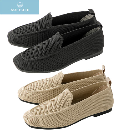 ~シューフィッター資格保有の企画女性が考えた‘足に優しい’キレイ見えパンプス♪ニット素材で通気性が良く、内側の踵部分に‘すべり止め付き’で脱げにくいのも魅力的なアイテム。~【SUFFUSE】【今風カジュアル】レディースニット素材フラットシューズカラー:ブラックベージュサイズ:M・L・LL商品番号:31-515-828-21~