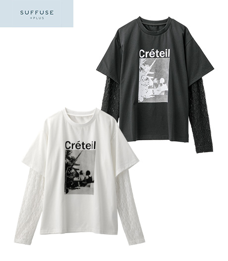 ～袖からレースをドッキングさせた、レイヤード風デザインのＴシャツ～【ＳＵＦＦＵＳＥ＋】【今風カジュアル】レディースデザインプルオーバー商品番号：42-101-219-01～