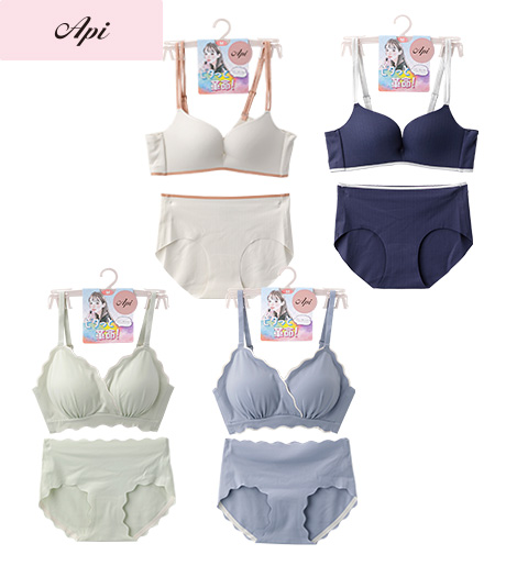 ~軽い着け心地のもちもち生地がピッタリフィットしてアウターにも響きにくい!ポップなニューベーシックブラジャー~【Api】【トレンドスタイル】①(ピタっと革命)レディースシームレスノンワイヤーブラジャー②ペアショーツサイズ:S・M・L・LL商品番号:72-521-127-01~72-521-128-01~