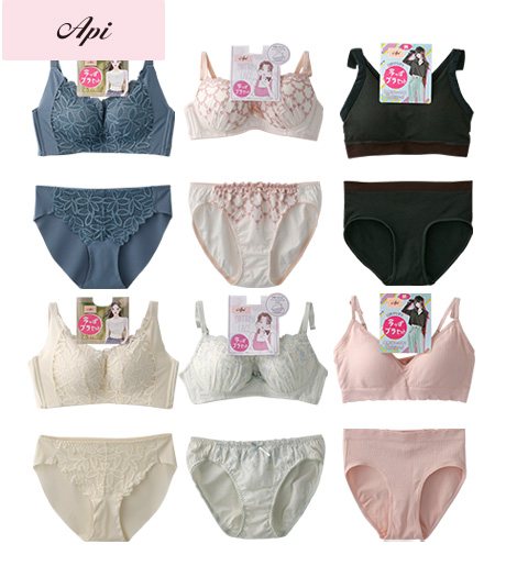 ~韓国っぽカジュアルテイスト&コットンレースのガーリームードで気分が上がるブラセット~【Api】【トレンドスタイル】(今っぽブラセット)レディースノンワイヤーブラジャー&ショーツセットサイズ:M・L商品番号:72-641-323-01~72-641-323-21~72-641-326-01~72-641-327-01~
