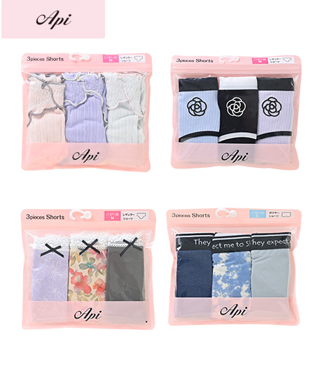 ~かわいいアニマル柄からフリル使いのフェミニンショーツまで、豊富なデザインが充実。~【Api】【トレンドスタイル】(3枚組)レディースカジュアルショーツサイズ:M・L・LL商品番号:72-612-102-01~72-612-104-01~