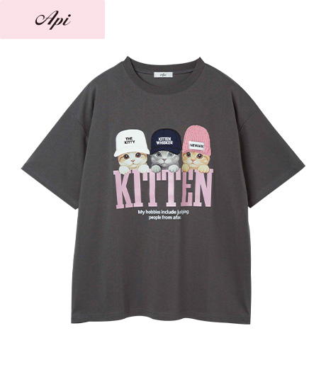 ~貼付けのニット帽デザインが可愛い~レディースネコ帽子貼付けTシャツ【Api】【トレンドスタイル】商品番号:41-101-533-41~46