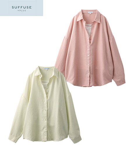 ～軽やかな素材のシャツ＋無地タンクトップのセットアイテム～【ＳＵＦＦＵＳＥ＋】【今風カジュアル】レディースパウダーデシンシャツアンサンブル商品番号：42-105-440-21～