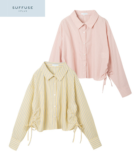 ～イドに施されたダブルドロストデザインが目を惹く、ストライプ柄シャツ～【ＳＵＦＦＵＳＥ＋】【今風カジュアル】レディース脇ドロストストライプシャツ商品番号：42-105-440-41～