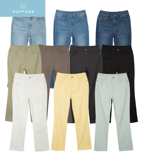 ～パシオスの大定番、夏ボトム～【ＳＵＦＦＵＳＥ】【今風カジュアル】ＩＣＥ　ＡＣＴＩＶＥレディース冷感ボトム　ストレートカラー：オフクロカーキチャコールイエローミントモカサックスブルーネイビーサイズ：61・64・67・70・73商品番号：43-561-820-01～･21～･41～43-571-820-01～