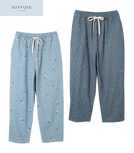 ～膝にタックが入ったコクーンパンツ。ゆったりシルエットではきやすい～【ＳＵＦＦＵＳＥ＋】【今風カジュアル】レディースヒッコリーデニムパンツカラー：サイズ：M・L商品番号：43-571-105-01～