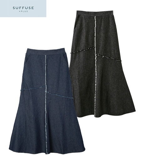 ～フリンジがかわいいデニムスカート～【ＳＵＦＦＵＳＥ＋】【今風カジュアル】レディースデニムスカートカラー：サイズ：M・L商品番号：43-531-170-01～