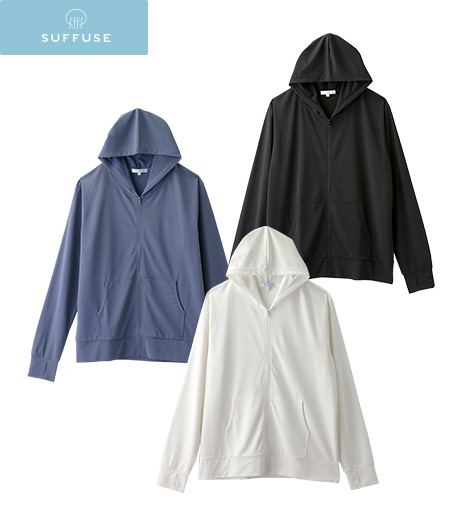 ～ＵＶカット、遮熱効果、防透性にすぐれた特殊糸を使用し、日差しからあなたを守ります。～【ＳＵＦＦＵＳＥ】【今風カジュアル】（ＳＵＮＮＹ　ＢＬＯＣＫ）（遮熱・速乾・ＵＶカット・防透）メンズジップパーカカラー：ホワイト・ブラック・ブルーサイズ：M・L・LL商品番号：51-511-610-41～49