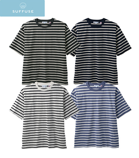 ～肌触りいいＵＳＡコットン１００％を使用し、着心地抜群！使い勝手の良いボーダー柄なので一枚でもインナー使用でも使える～【ＳＵＦＦＵＳＥ】【今風カジュアル】（ＵＳＡコットン）メンズ　ボーダーＴシャツカラー：ホワイト・ブルーグレー・ネイビーグリーンサイズ：M・L・LL商品番号：51-511-007-41～52