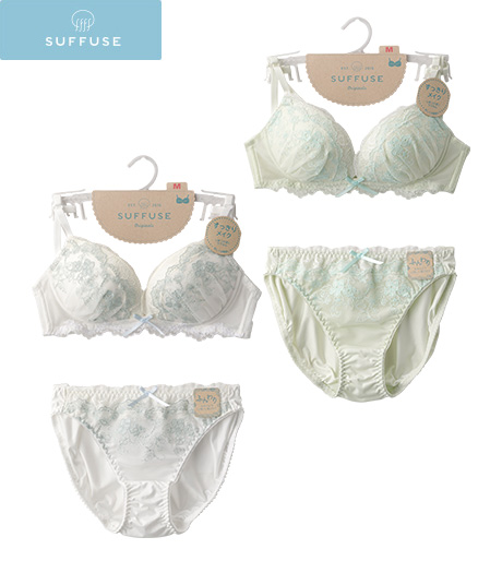 ～締め付け感を軽減したパターンとバストの広がりを防止するサイドパネルで「すっきり」ボディメイク～【ＳＵＦＦＵＳＥ】【今風カジュアル】①（すっきりメイク）（寄せあげパッド入り）レディースノンワイヤーブラジャー②ペアショーツサイズ：M・L商品番号：72-520-053-01～