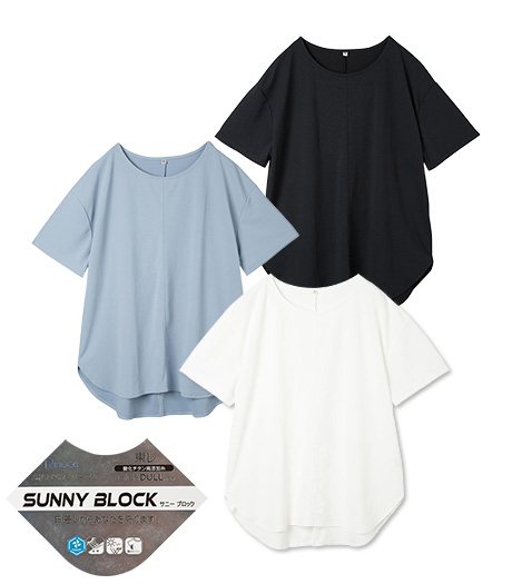 ~東レの酸化チタン高添加糸【GIGADULL】使用~【大きなサイズ】【SUNNY BLOCK】レディースチュニックTシャツサイズ:3L・4L商品番号:07-021-596-21~