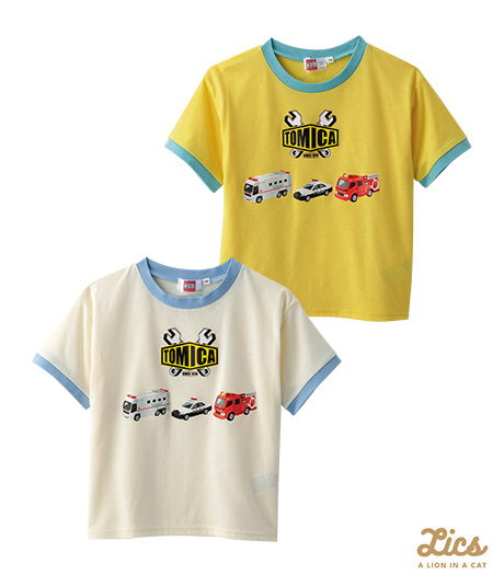 ～リンガーデザインと働く車がポイント！～【ＬＩＣＳ】【ＴＯＭＩＣＡ】ボーイズリンガーＴシャツカラー：オフイエローサイズ：110・120商品番号：61-705-007-01～06