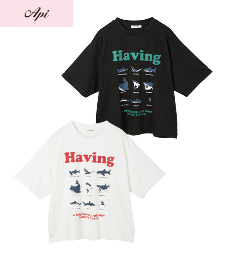 ～人気のサメモチーフがプリントされたカジュアルＴシャツ～【Ａｐｉ】【トレンドスタイル】レディースサメプリントＴシャツ商品番号：41-101-637-01～04