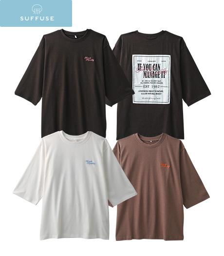 ～これ１枚で今っぽく～【ＳＵＦＦＵＳＥ】【今風カジュアル】レディースバックワッペンＴシャツカラー：オフグレージュチャコールサイズ：M・L商品番号：42-101-312-01～